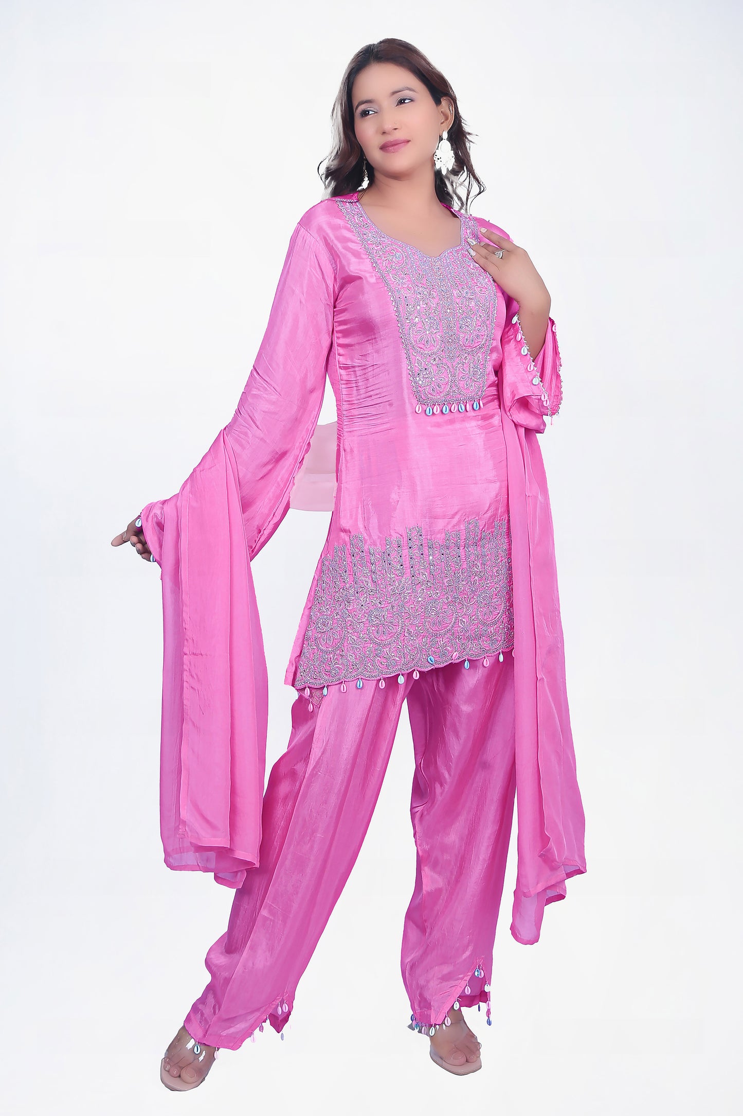 Pink Short Kurta Co-ord Set With Pant And Scarf