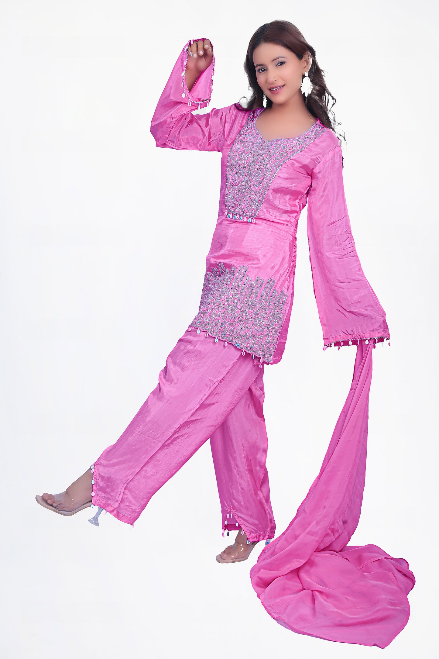 Pink Short Kurta Co-ord Set With Pant And Scarf