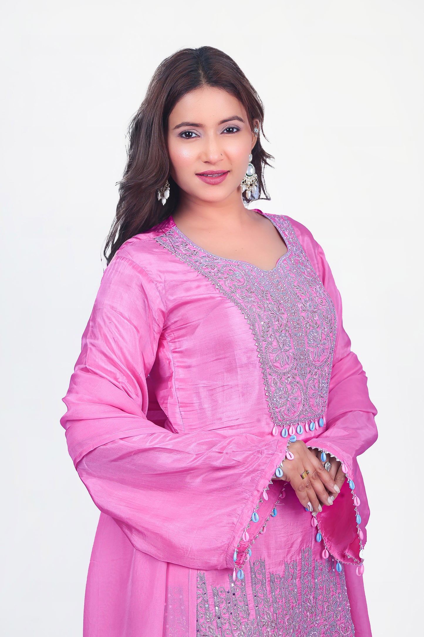 Pink Short Kurta Co-ord Set With Pant And Scarf