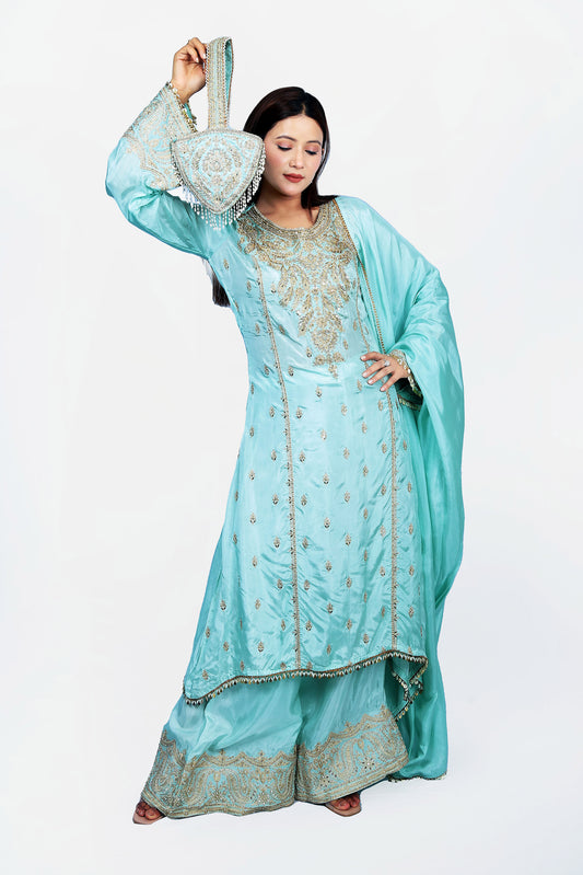 This kurta set is made out of korean silk fabric with pearl work all over