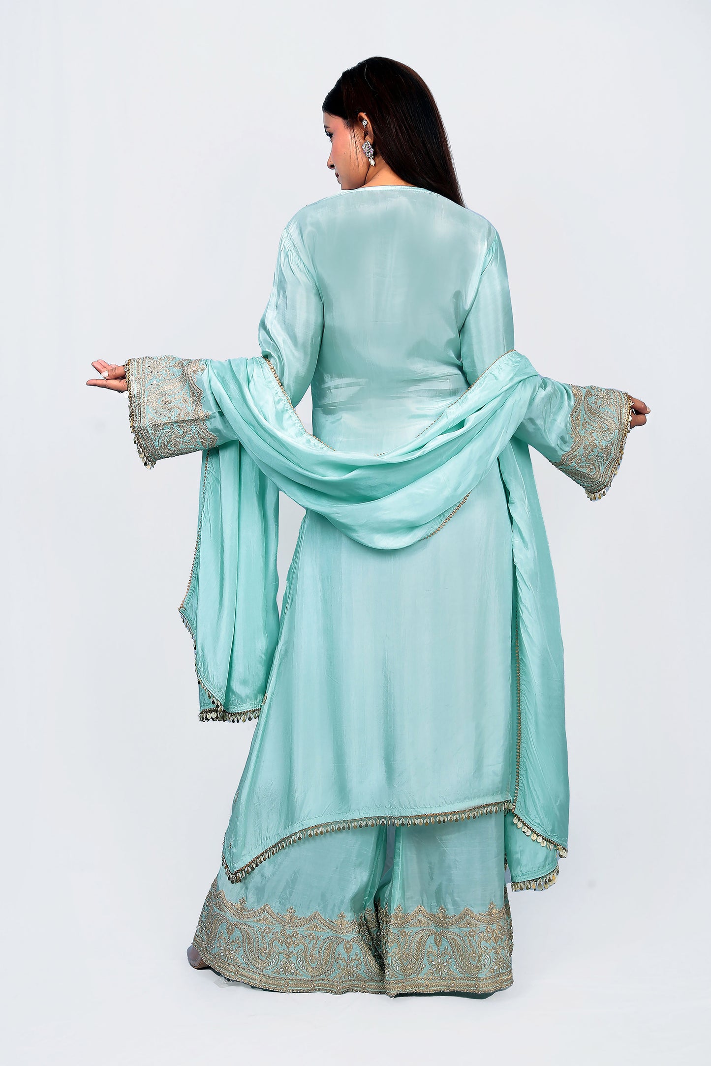 Kurta Set In Sea Green With Potli Bag