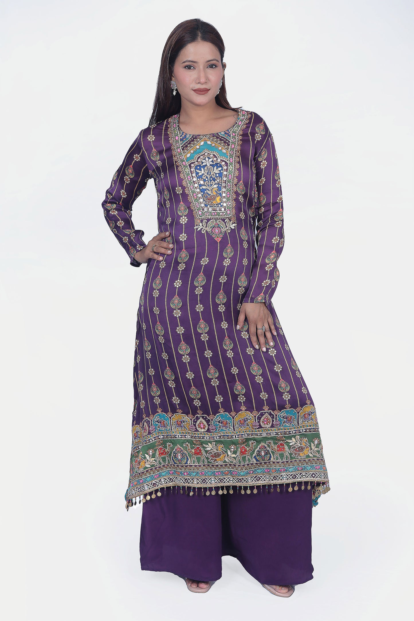 Purple Embellished Print Kurta Set With Dupatta