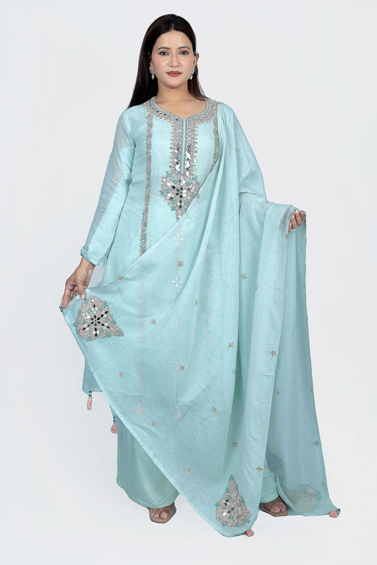 This suit set is designed with exclusive white pearl work that adds shimmer to a vibrant mirror work.