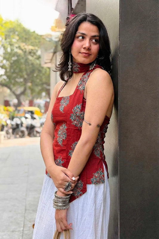Munni Red Cotton Top with Scarf