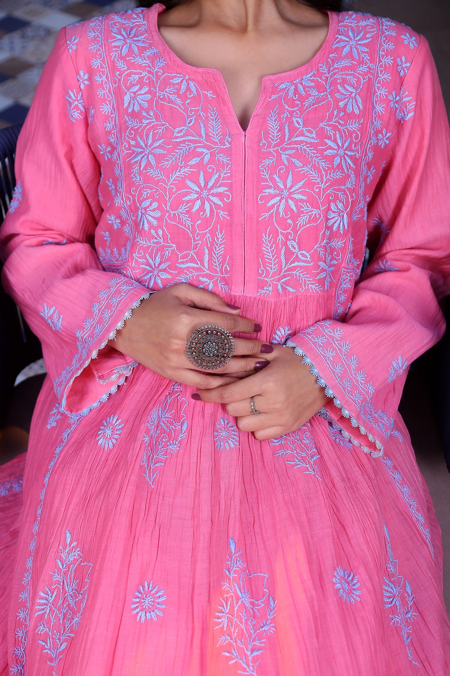 Chikankari Anarkali Set In Pink-Grey Dual Tone