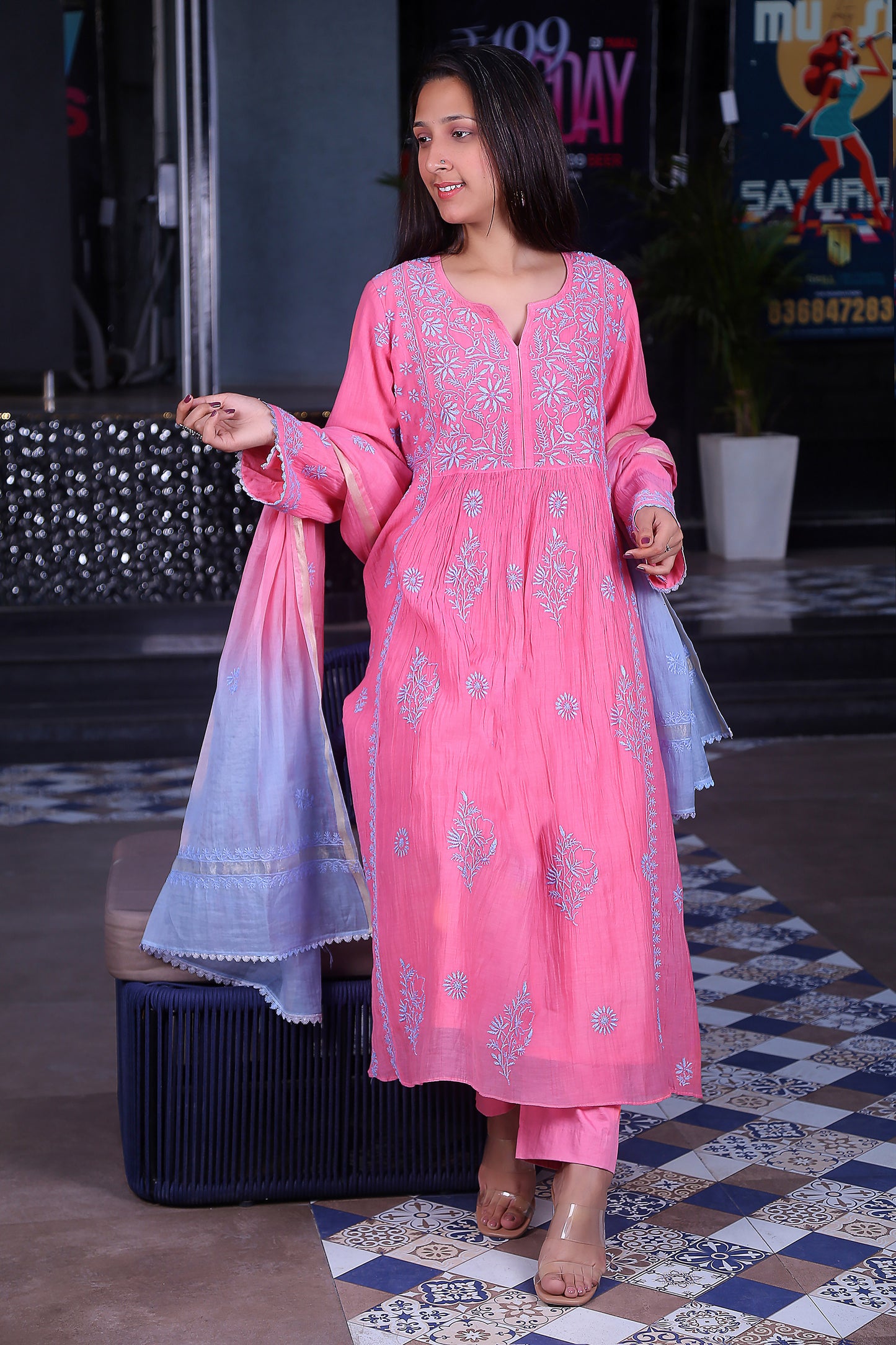 Chikankari Anarkali Set In Pink-Grey Dual Tone