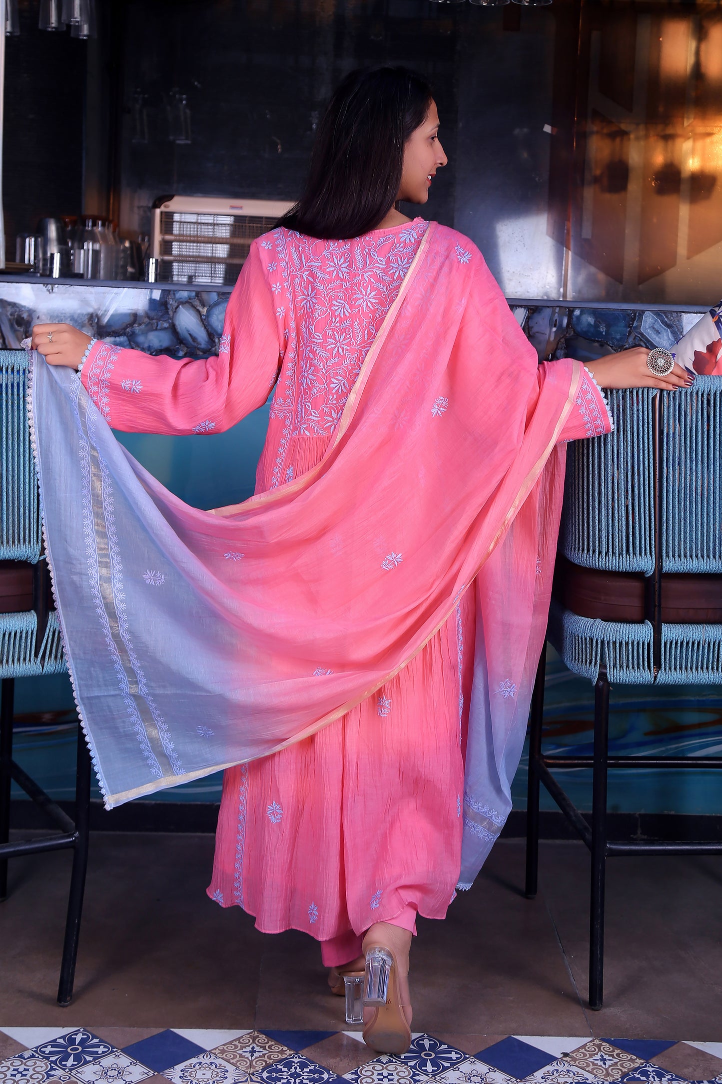 Chikankari Anarkali Set In Pink-Grey Dual Tone