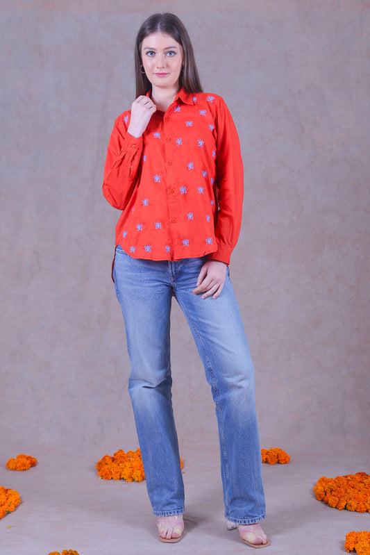 Stay stylised and comfortable in this cotton Chikankari orange shirt.