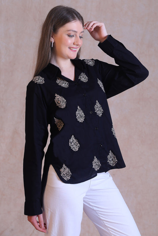 This fusion shirt made from soft, breathable cotton fabric.