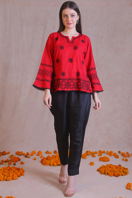 Red and Black Chikankari Short Kurta