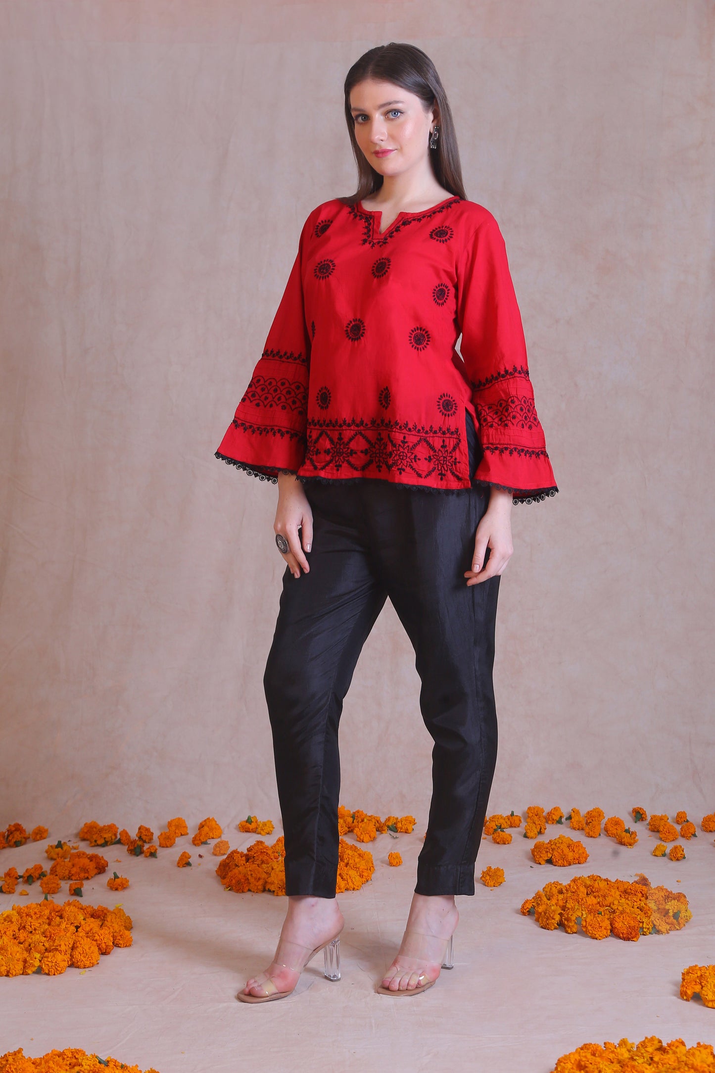 Red and Black Chikankari Short Kurta