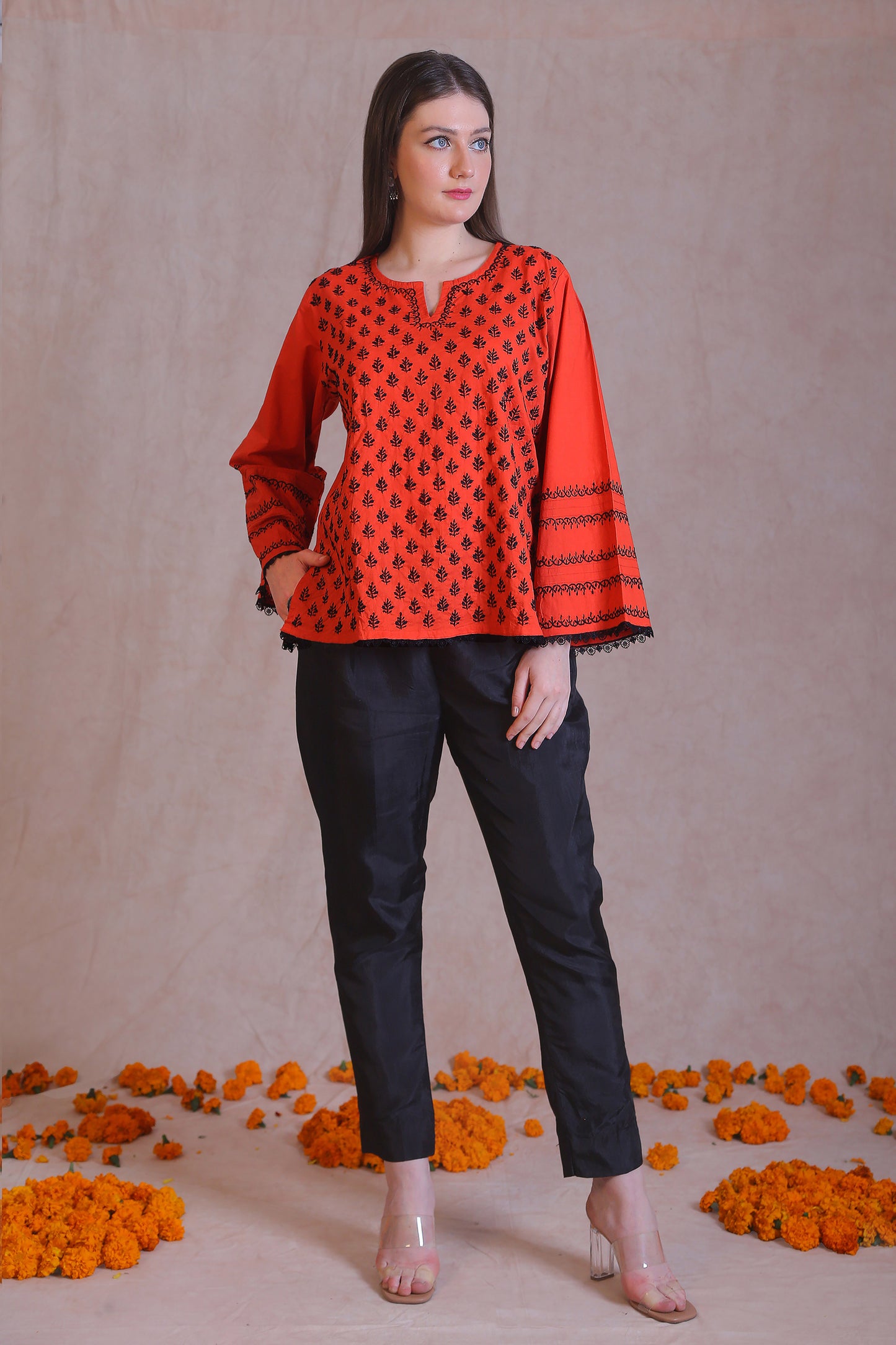 Orange Chikankari Short Kurta