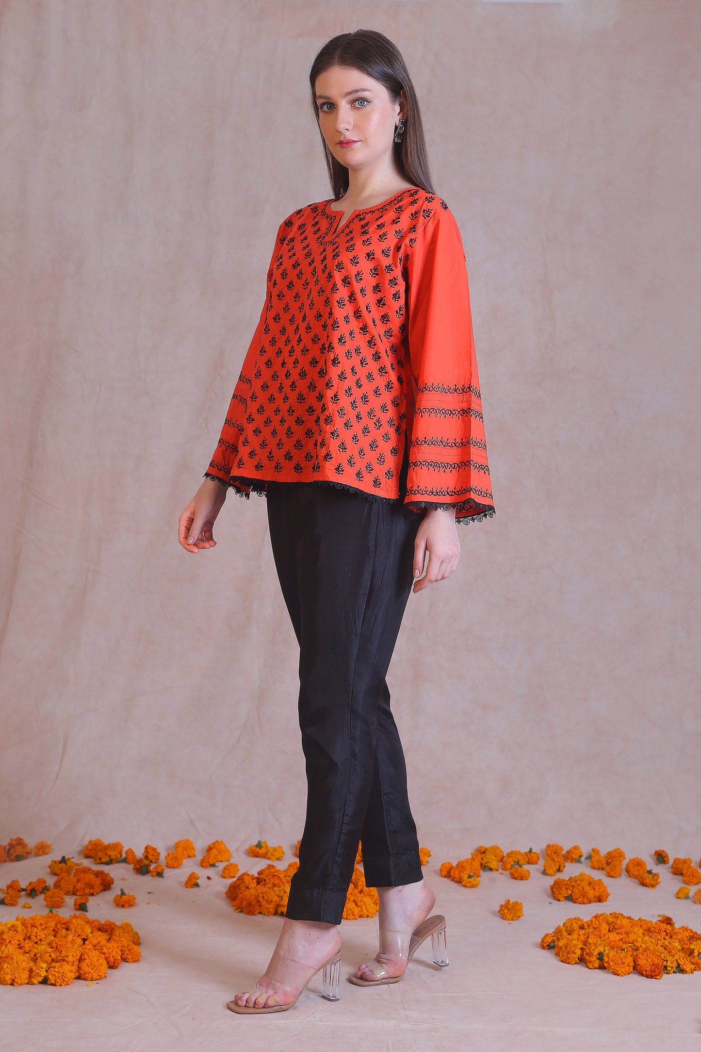 Orange Chikankari Short Kurta