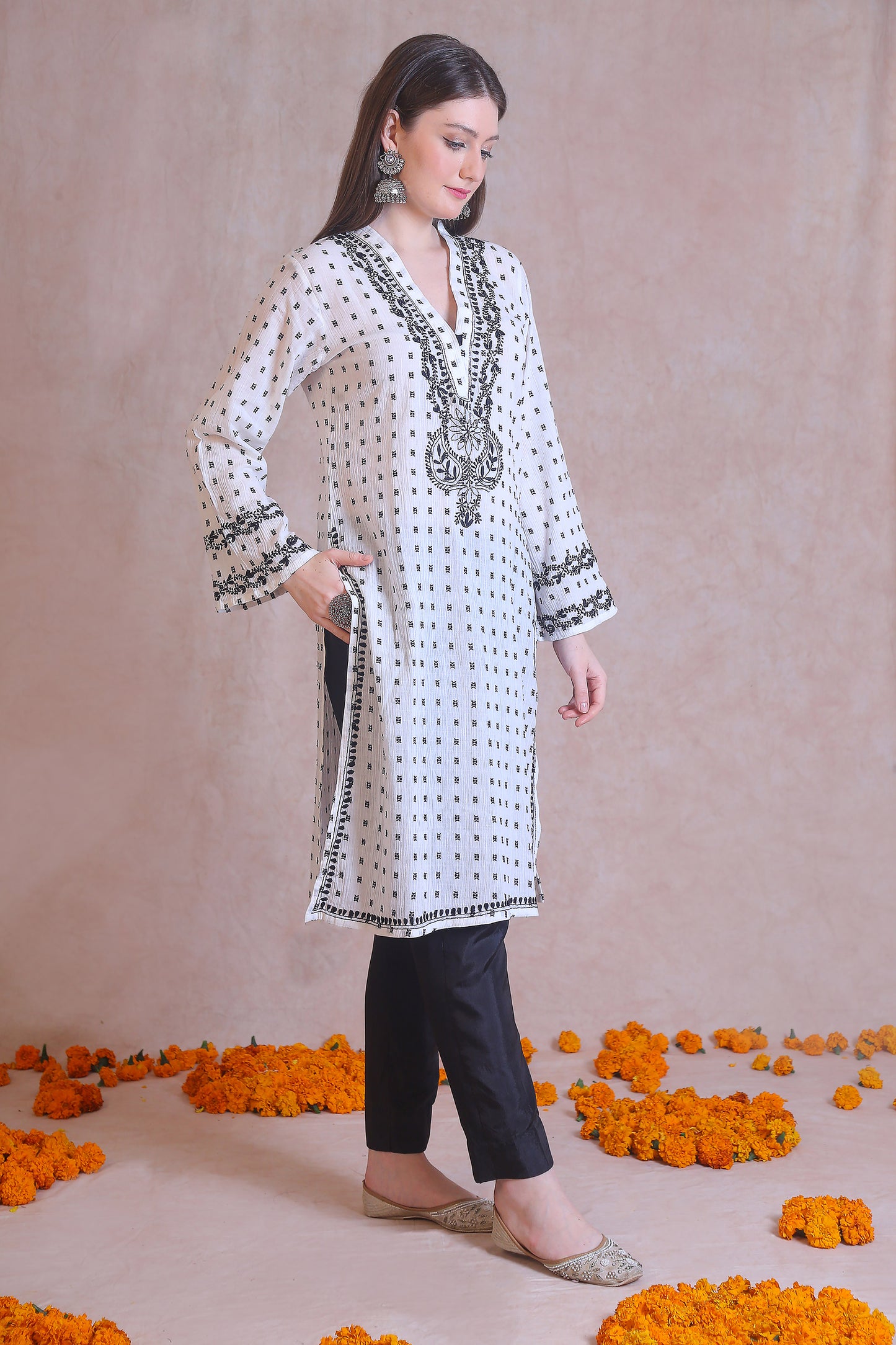 Black And White V-Neck Chikankari Kurta