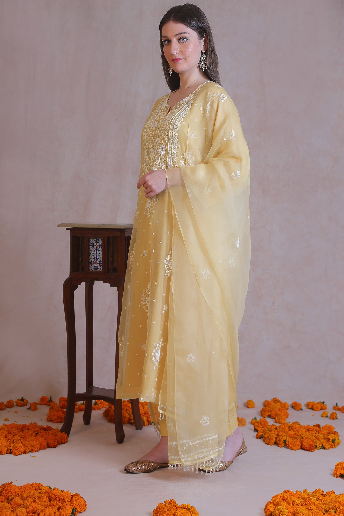 Yellow Organza Chikankari And Moti Work Kurta Set