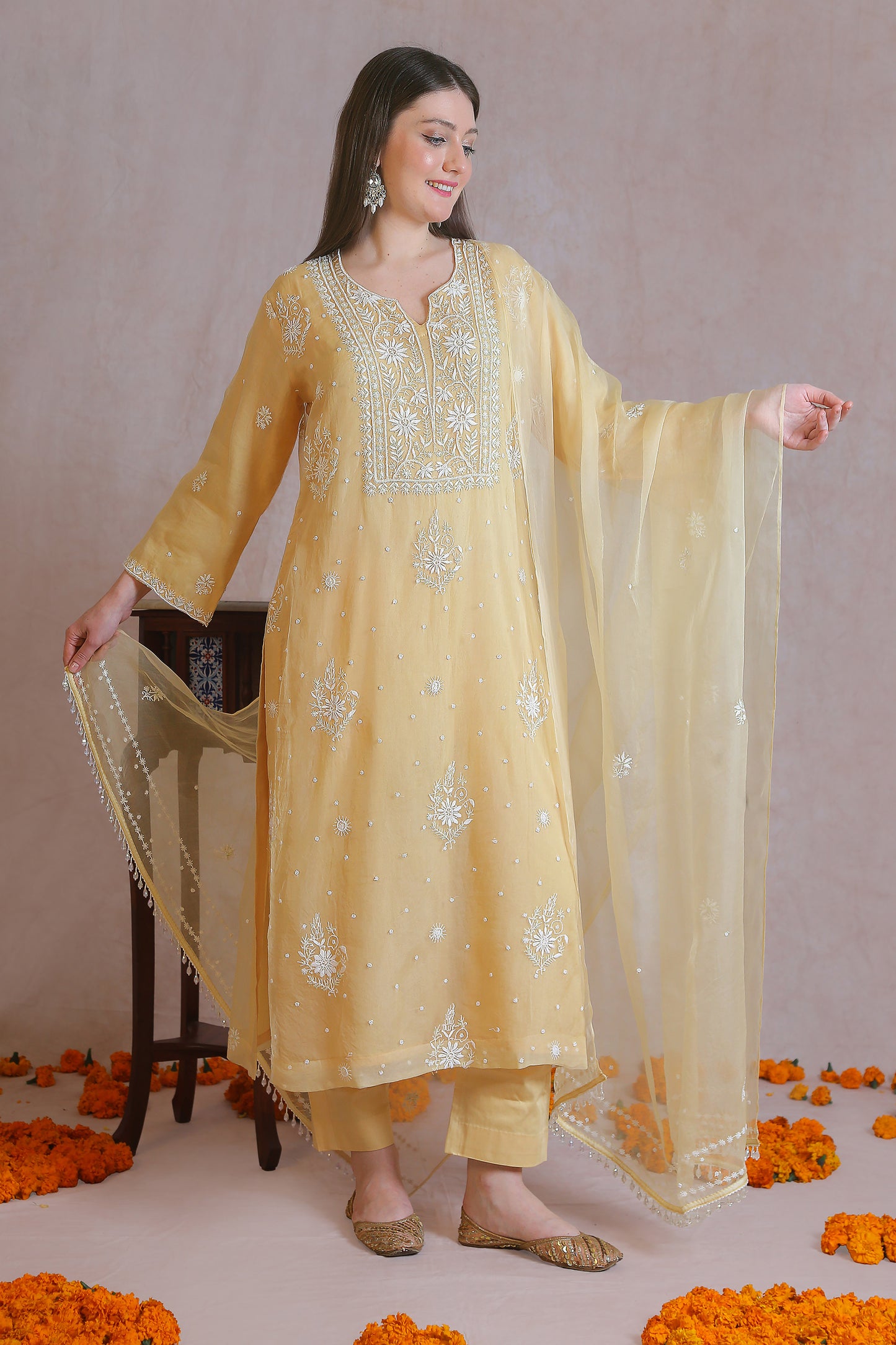 Yellow Organza Chikankari And Moti Work Kurta Set
