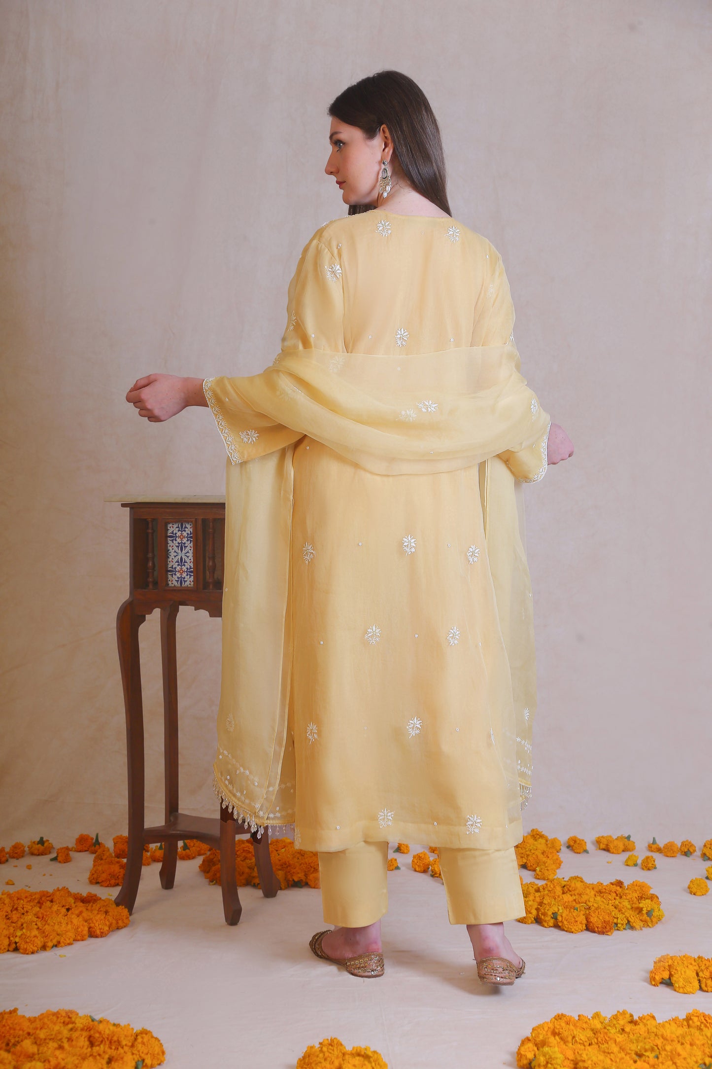 Yellow Organza Chikankari And Moti Work Kurta Set