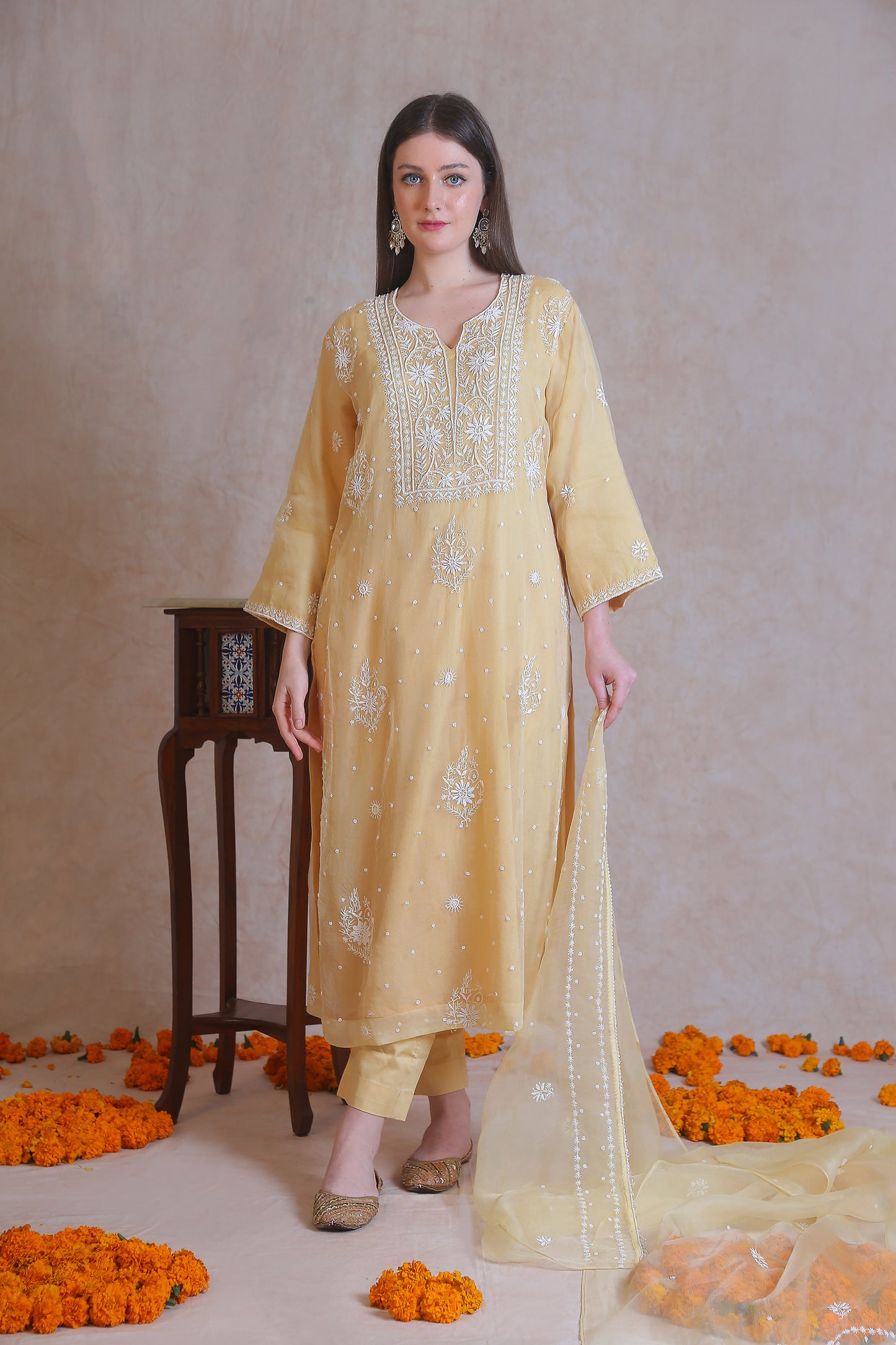 Yellow Organza Chikankari And Moti Work Kurta Set