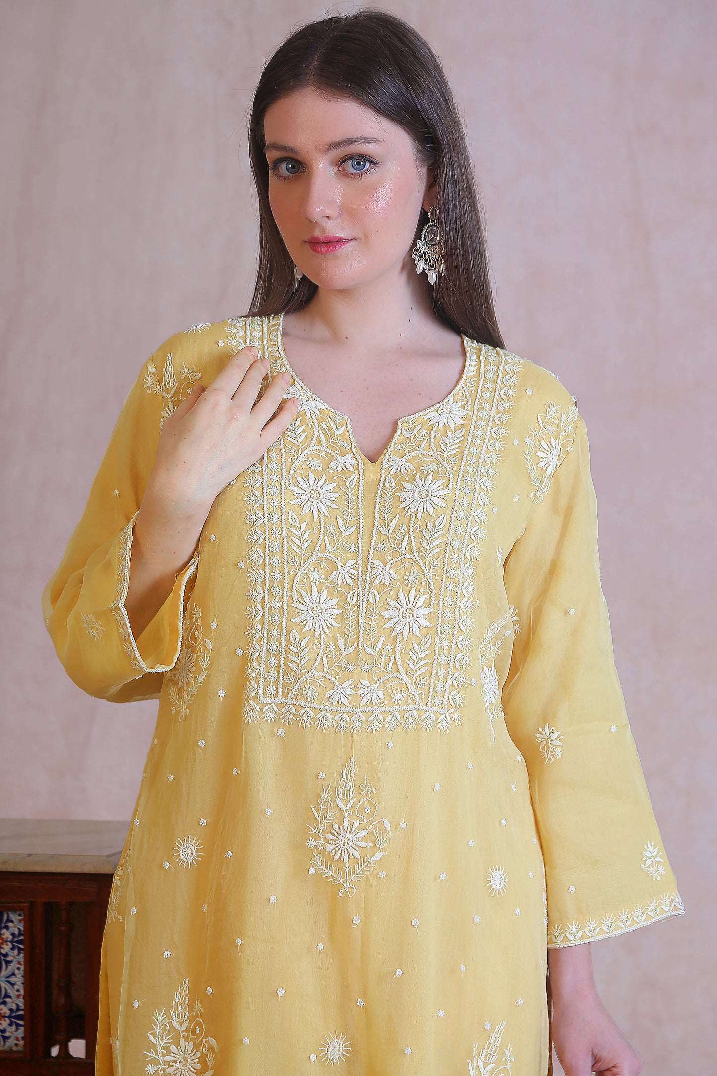 Yellow Organza Chikankari And Moti Work Kurta Set