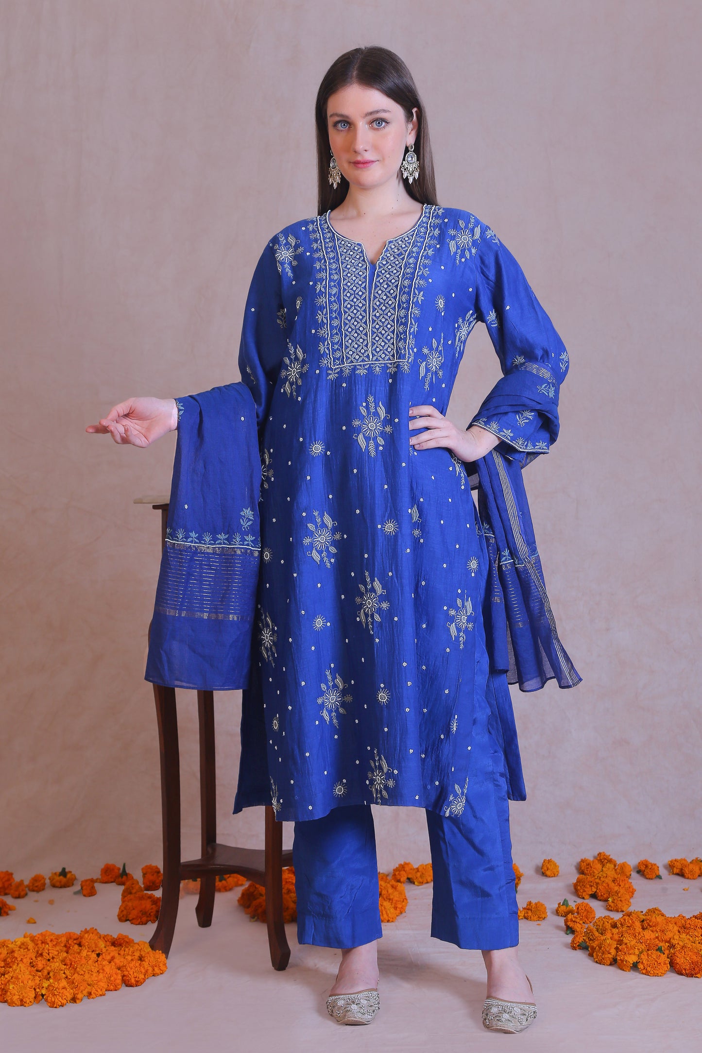 Blue Pure Chanderi Chikankari And Moti Work Kurta Set