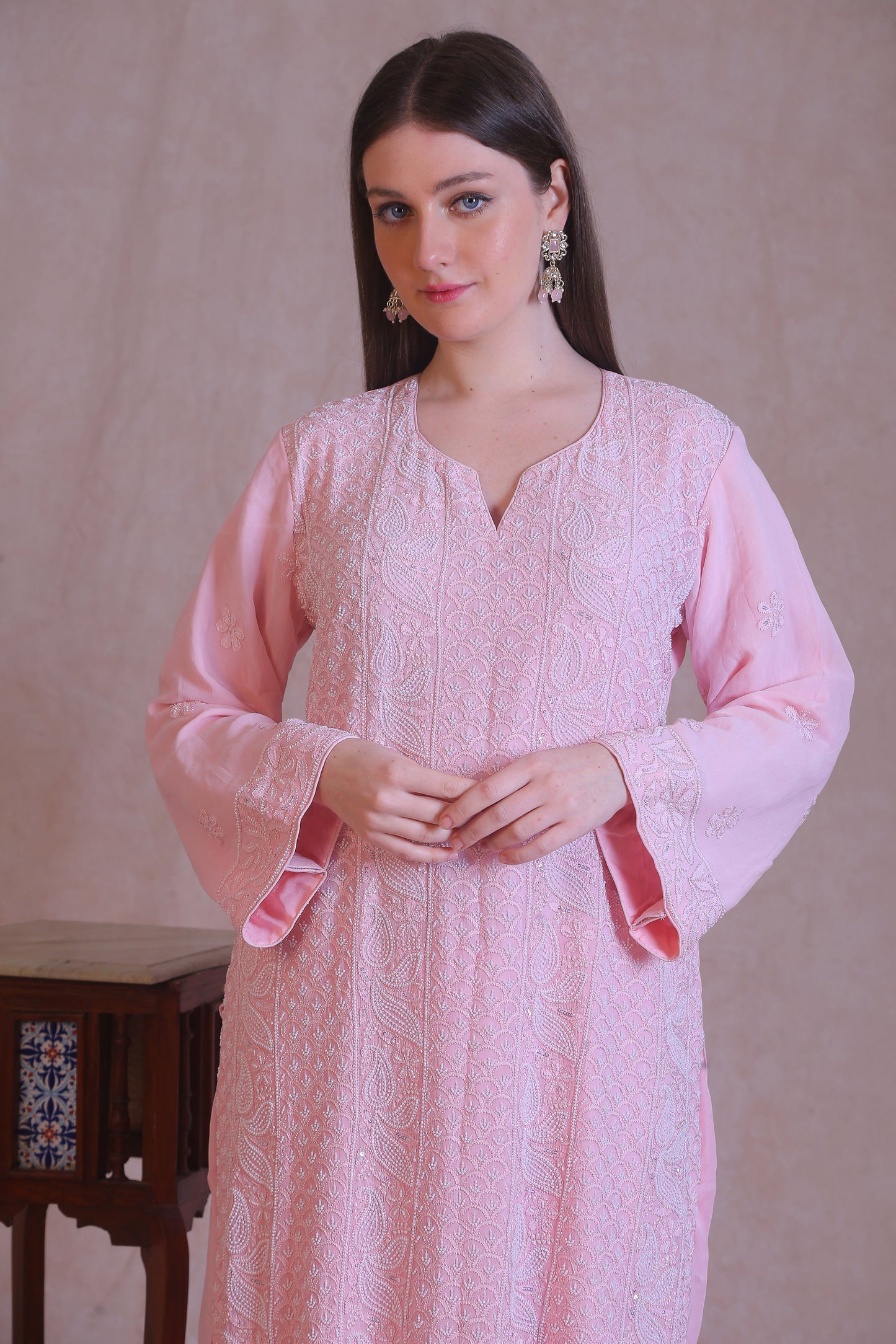 Pink Heavy Embroidered Moti Work Kurta Set