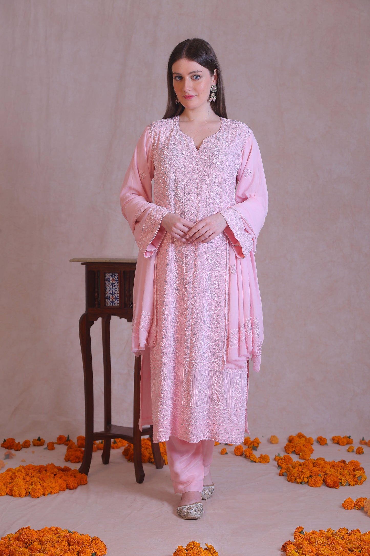 Pink Heavy Embroidered Moti Work Kurta Set