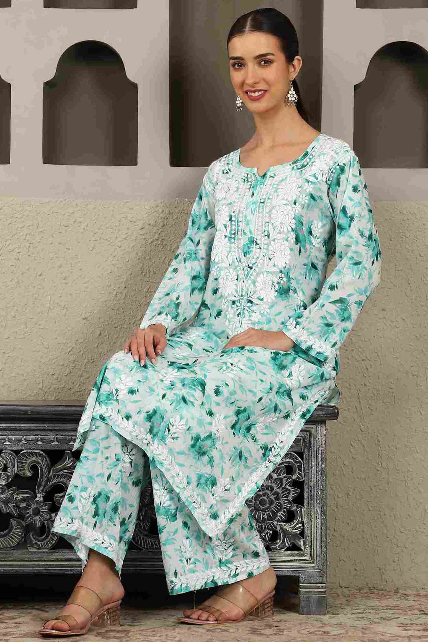 Inaya  Green Floral Print Chikankari Kurta Set with White Thread – Notch Neck