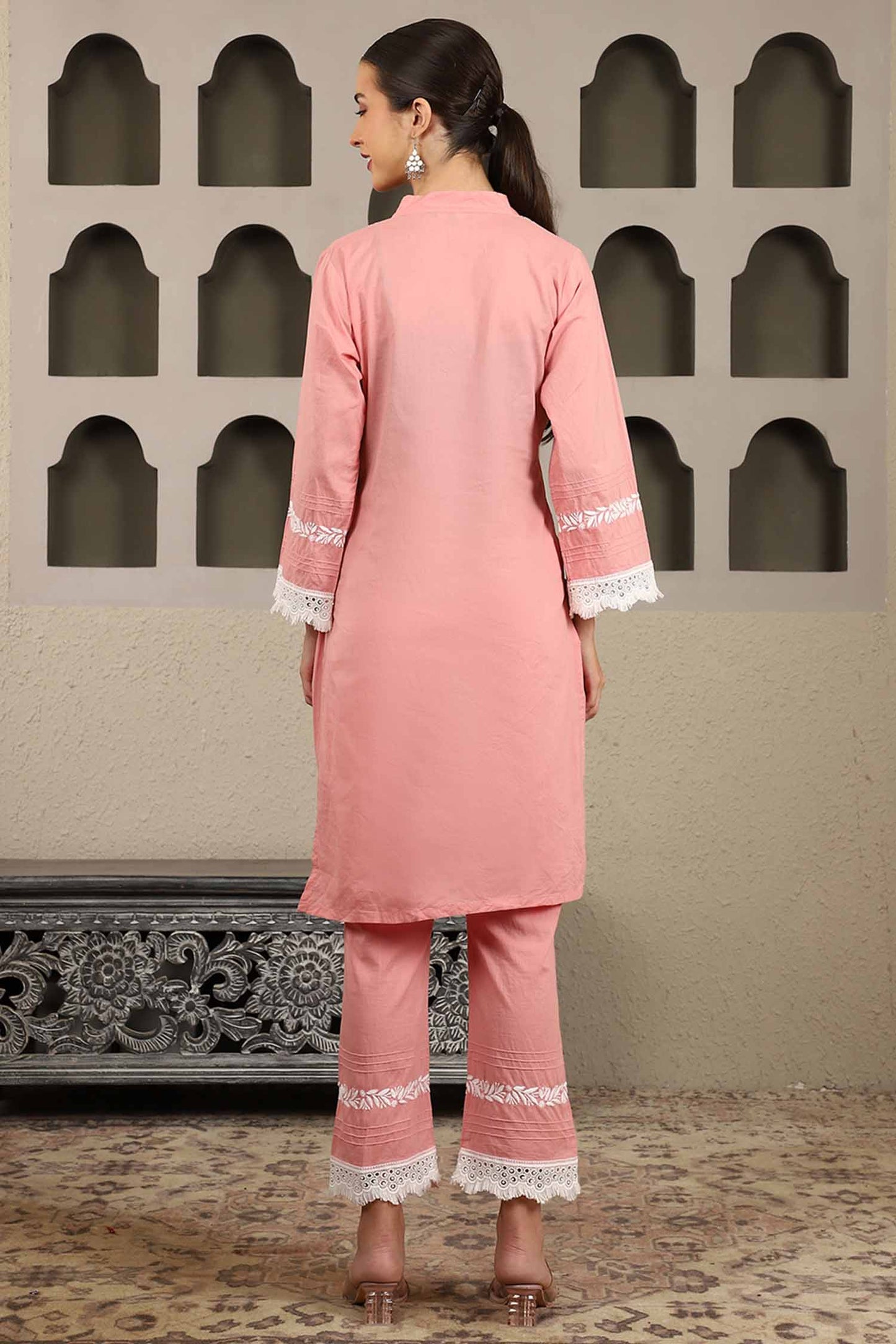 Aisha Pink Chikankari Kurta Set with White Thread – V Neck