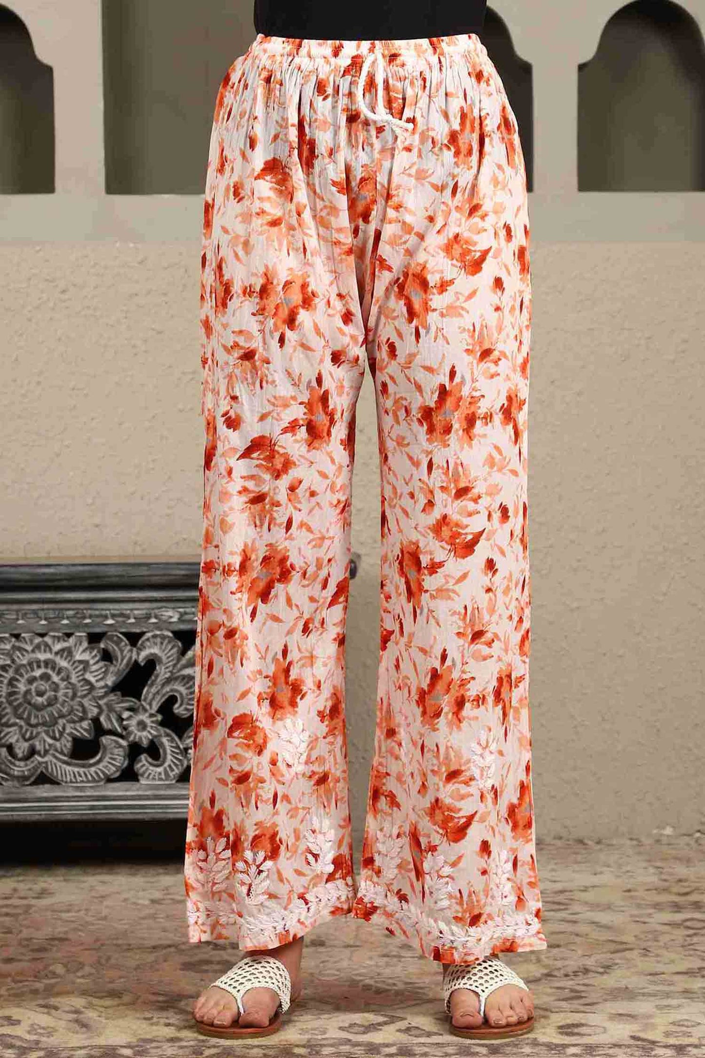 Gargi Orange Floral Print Chikankari Kurta Set with White Thread – Notch Neck