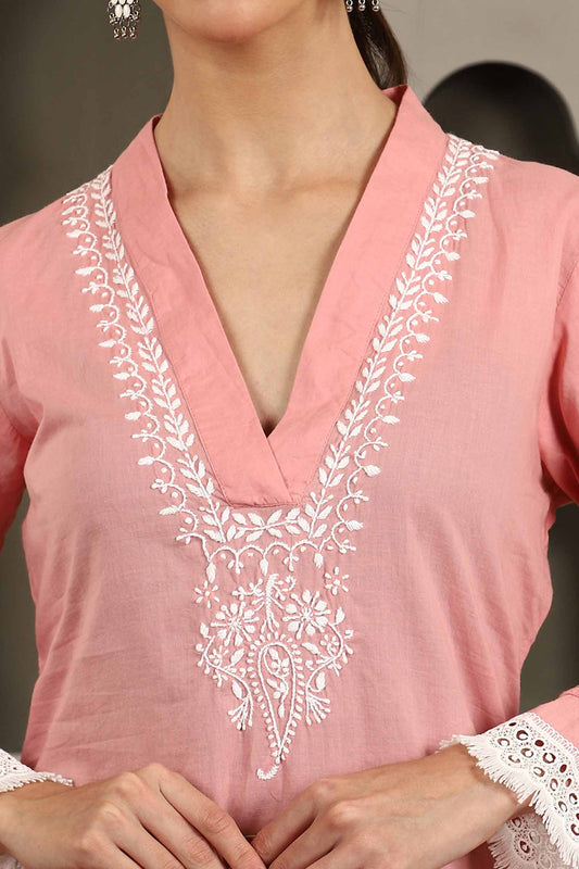 Aisha Pink Chikankari Kurta Set with White Thread – V Neck