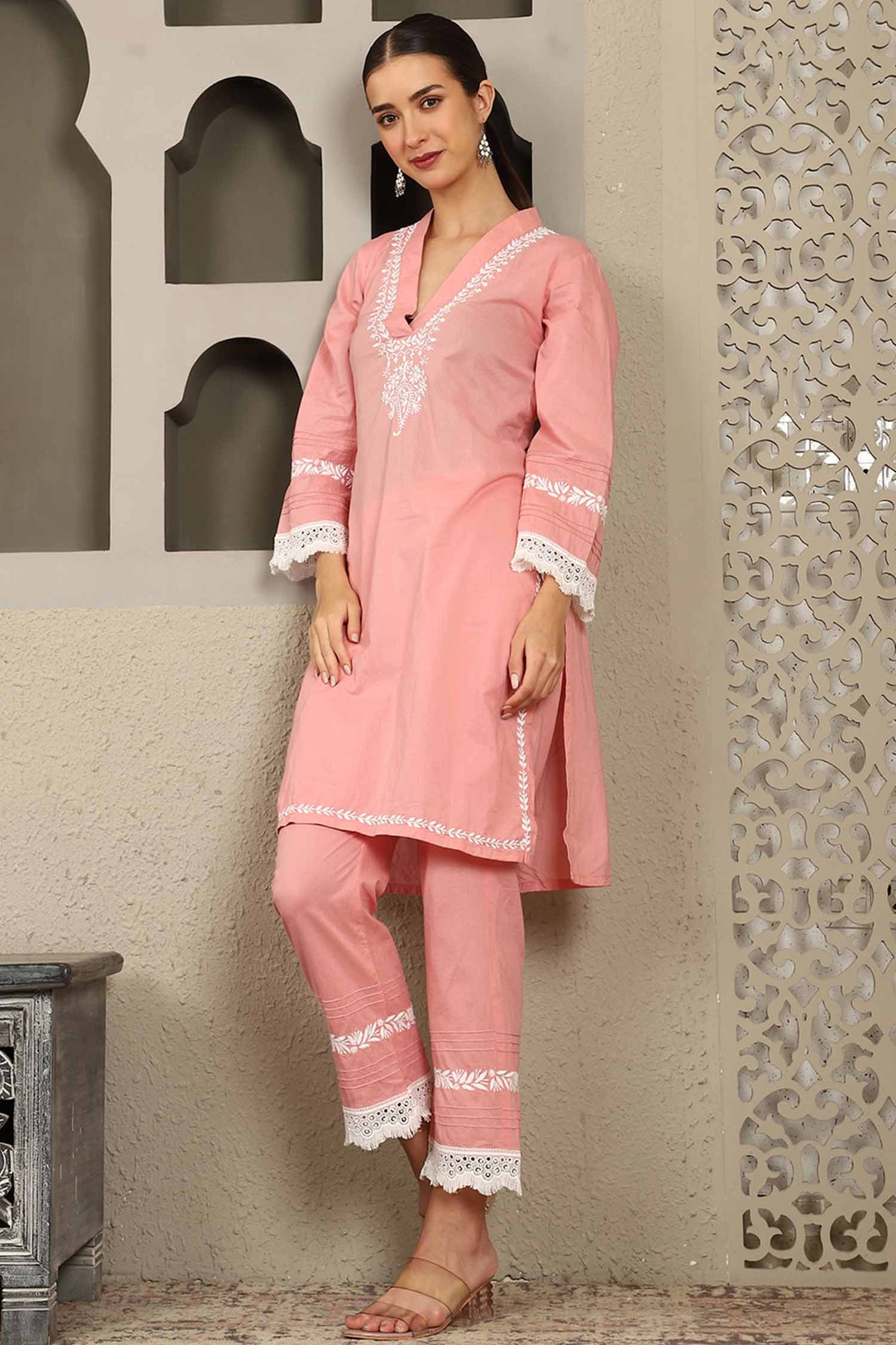 Aisha Pink Chikankari Kurta Set with White Thread – V Neck