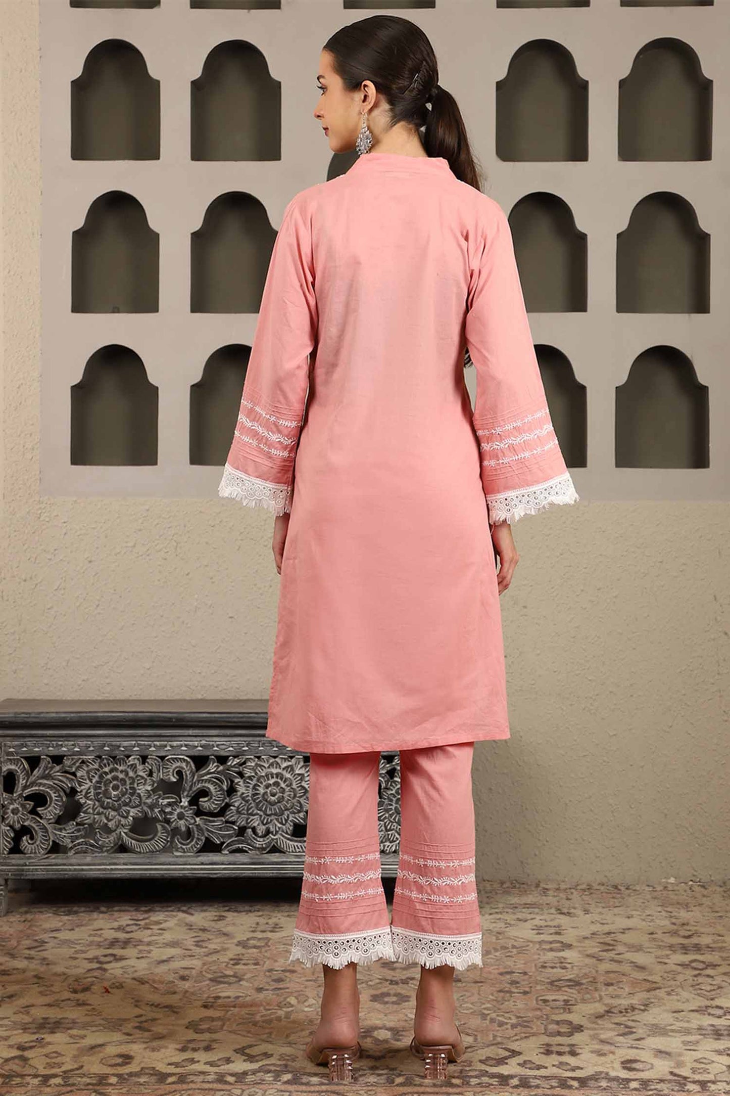 Chahak Pink Chikankari Kurta Set with White Thread – V Neck