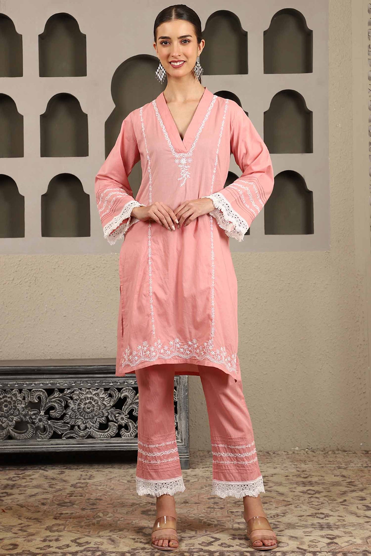 Chahak Pink Chikankari Kurta Set with White Thread – V Neck