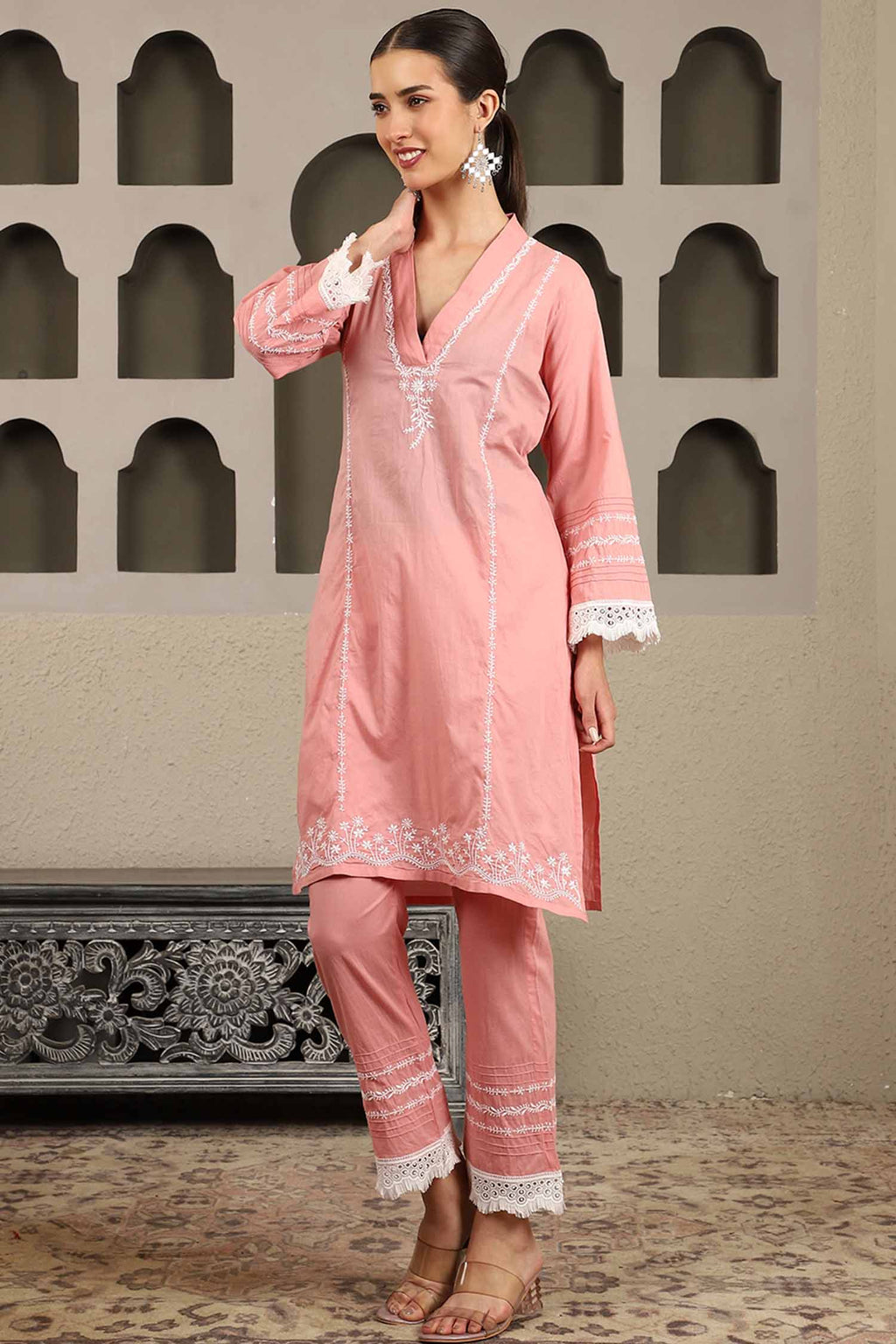 Chahak Pink Chikankari Kurta Set with White Thread – V Neck