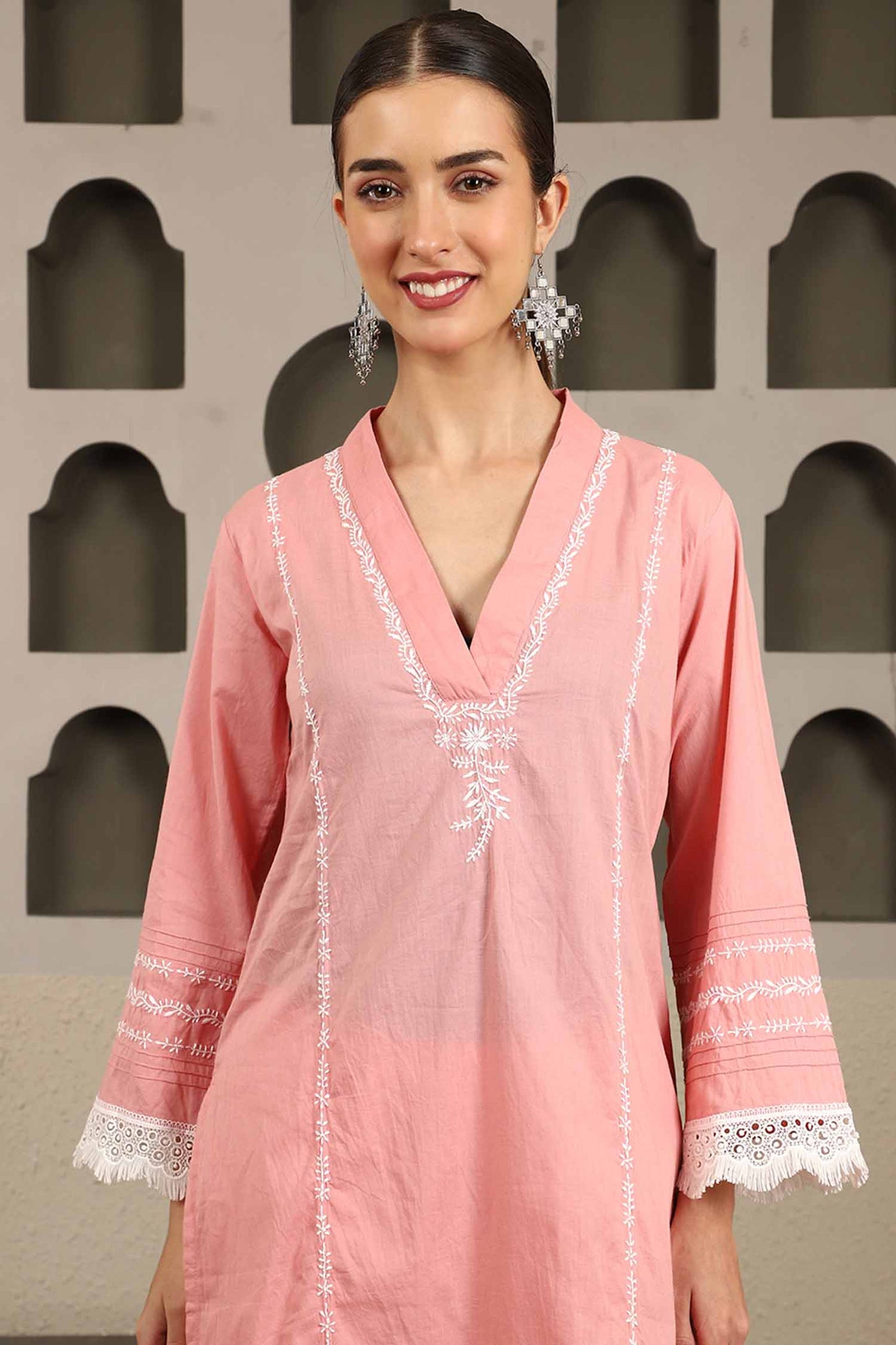 Chahak Pink Chikankari Kurta Set with White Thread – V Neck