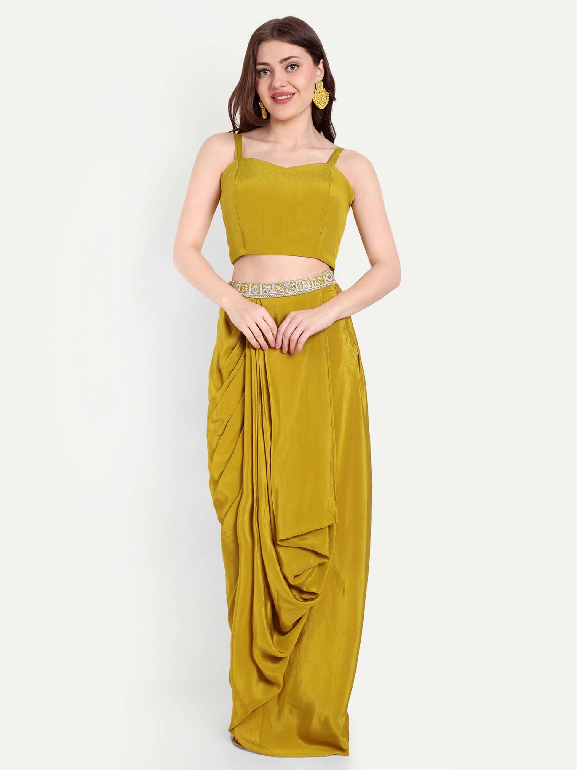 comfort is an added feature to this unique Mustard crepe dress.