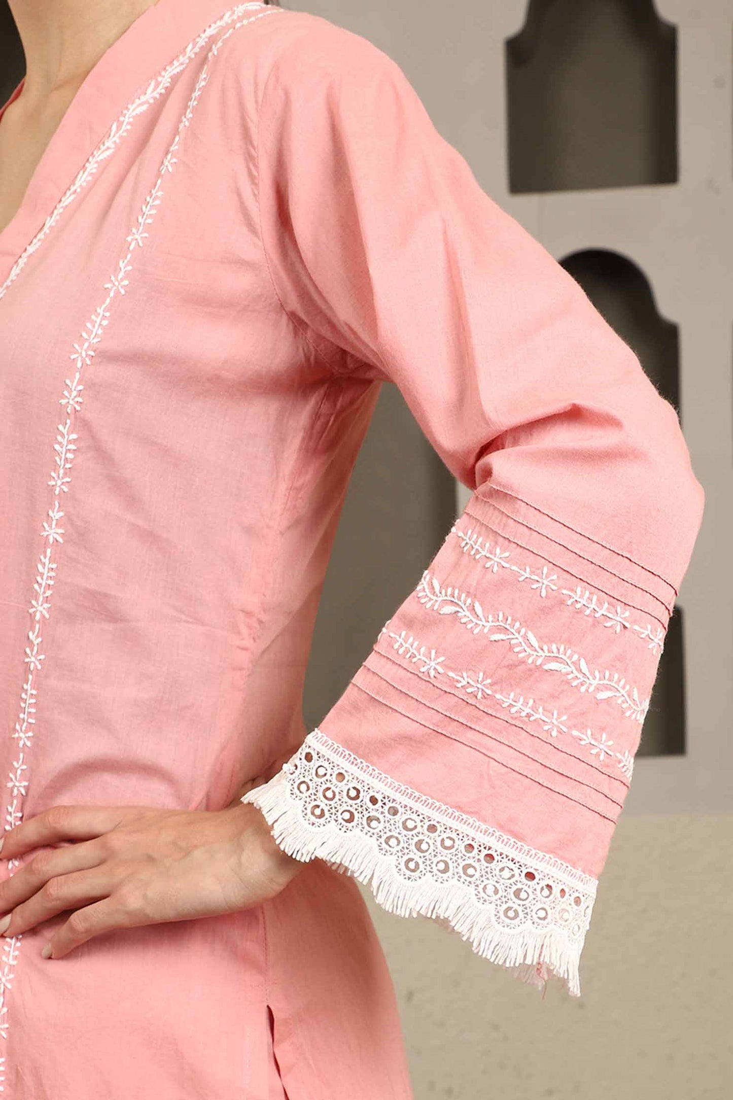 Chahak Pink Chikankari Kurta Set with White Thread – V Neck
