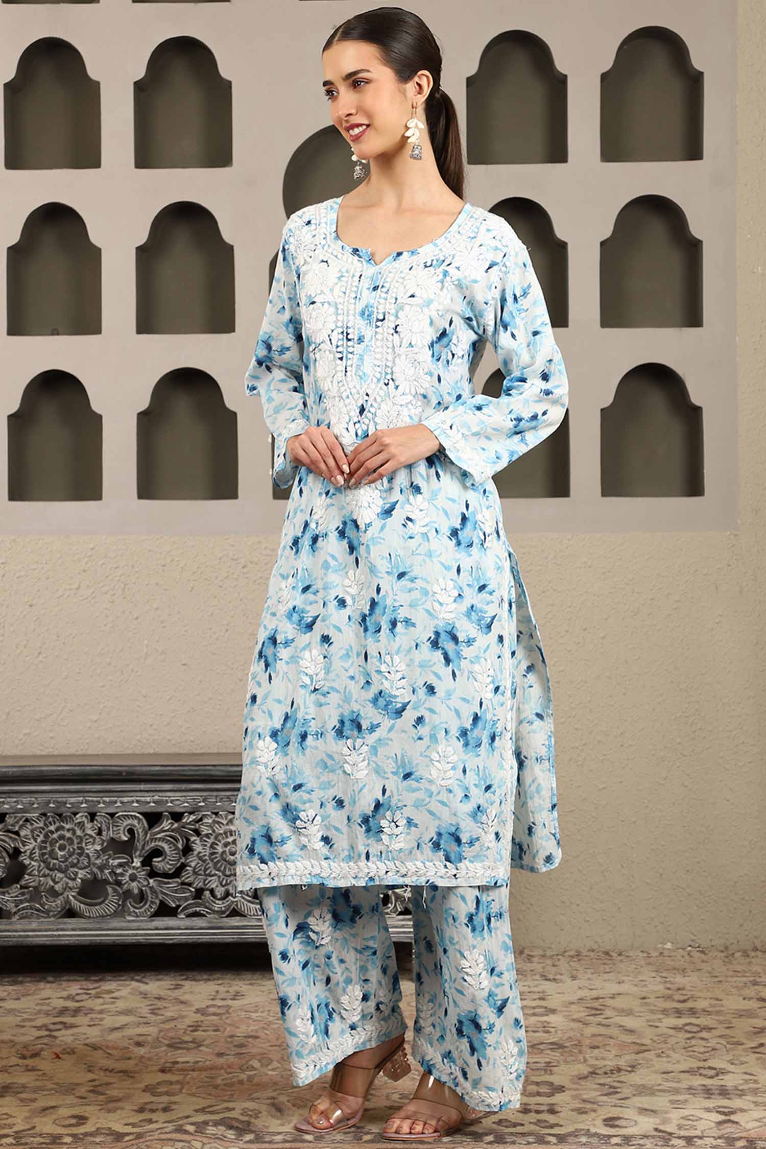 Aarohi Blue Mulmul Chikankari Kurta Set