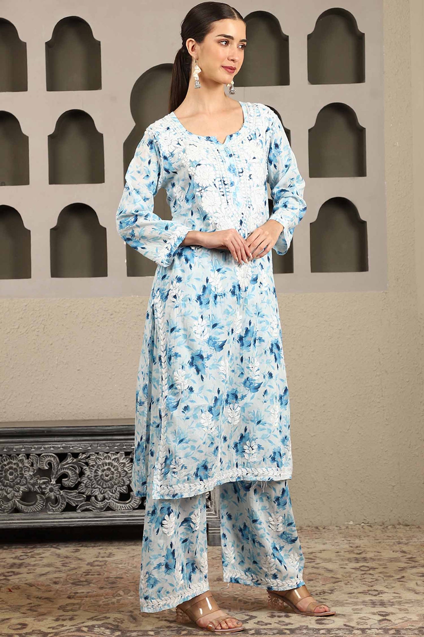 Aarohi Blue Mulmul Chikankari Kurta Set