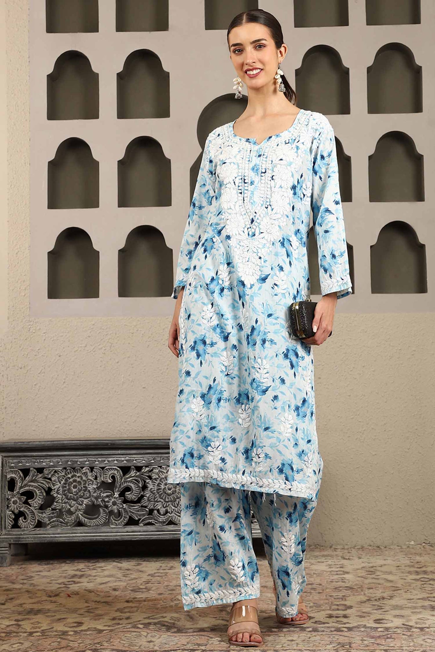 Aarohi Blue Mulmul Chikankari Kurta Set