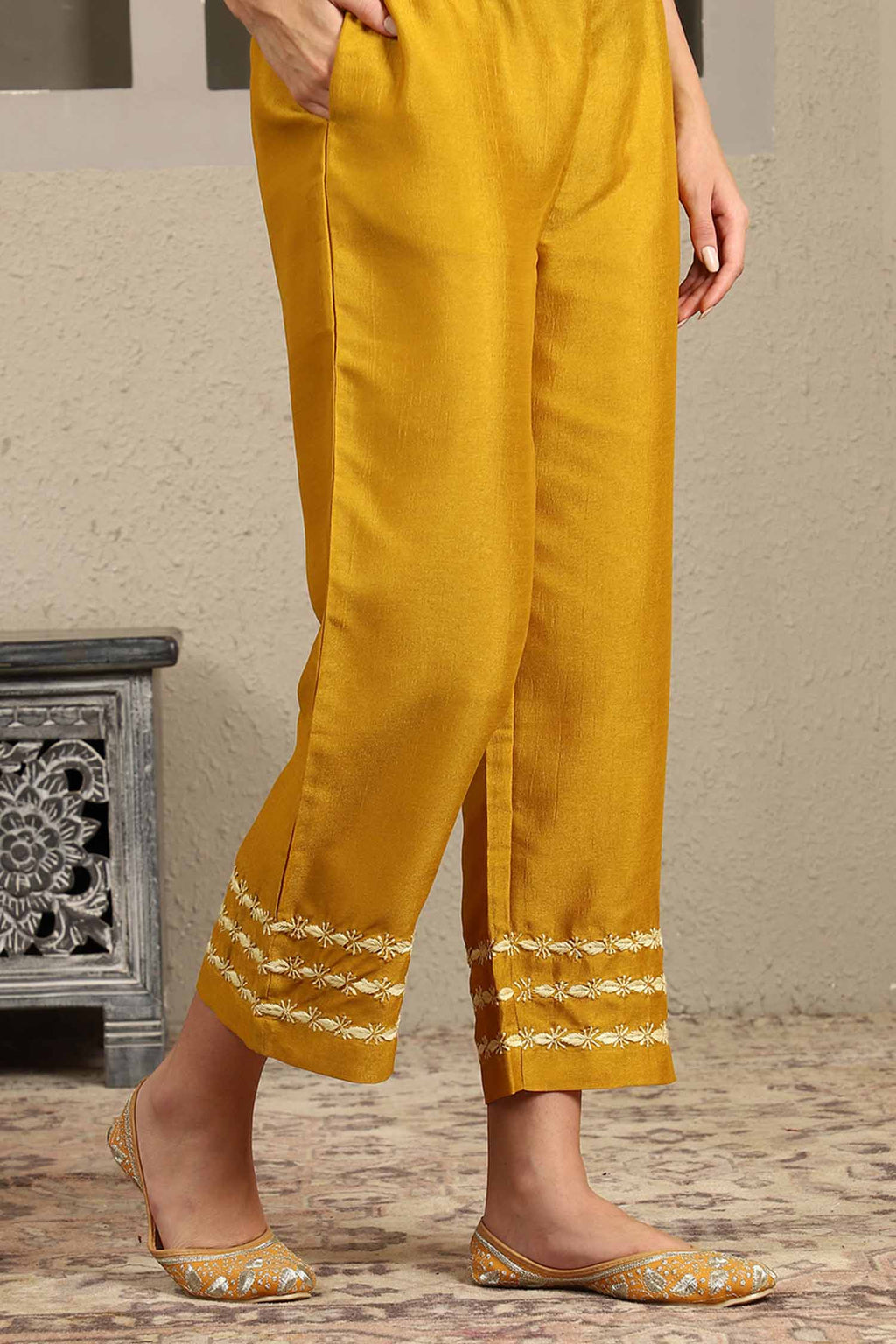 Jenika Yellow Chikankari Kurta Set with Butter Yellow Yoke – Notch Neck