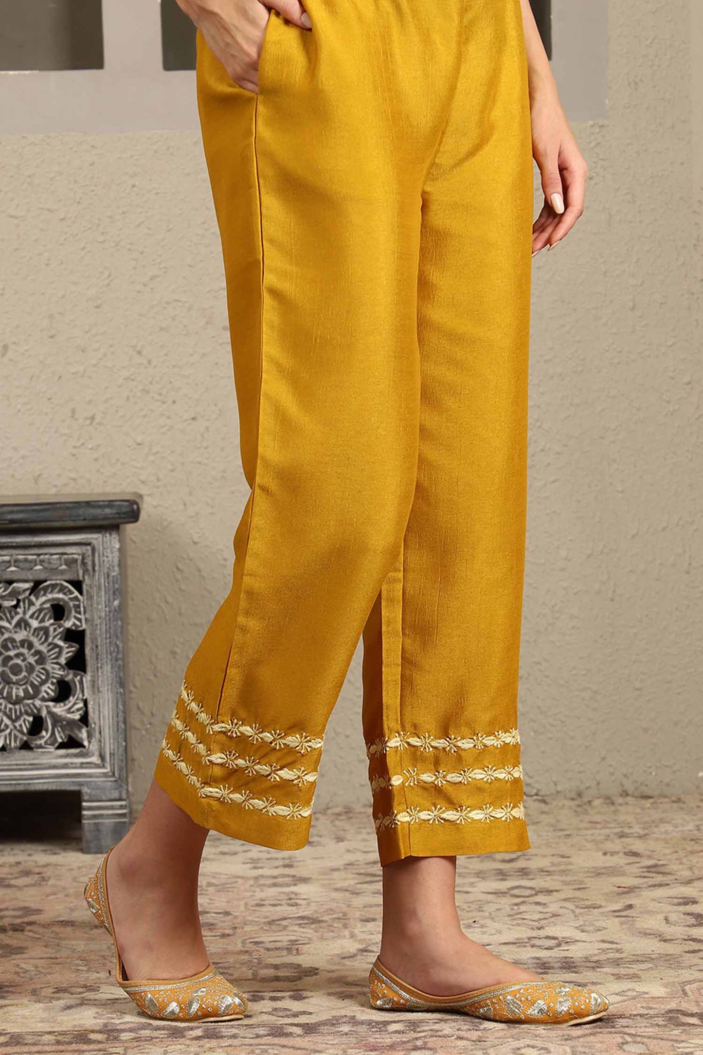 Jenika Yellow Chikankari Kurta Set with Butter Yellow Yoke – Notch Neck