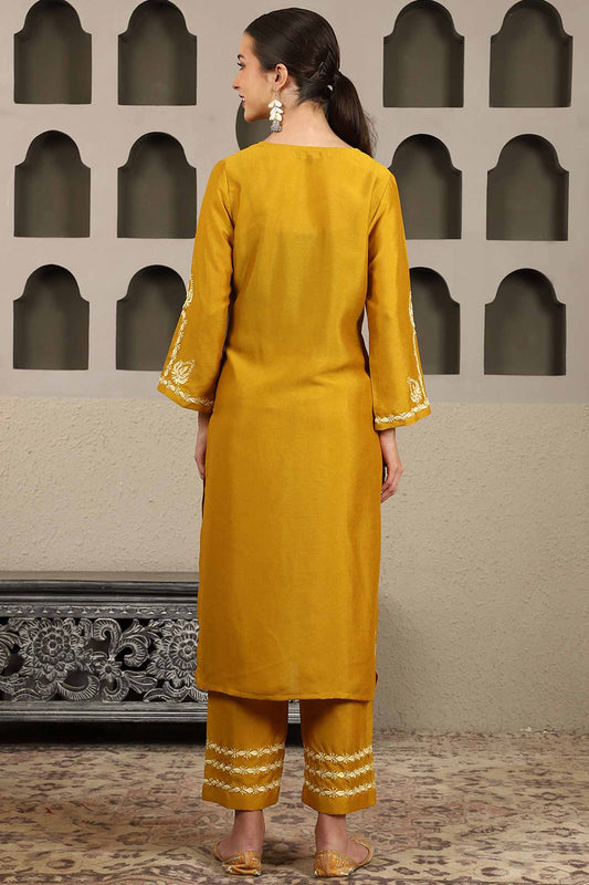 Jenika Yellow Chikankari Kurta Set with Butter Yellow Yoke – Notch Neck