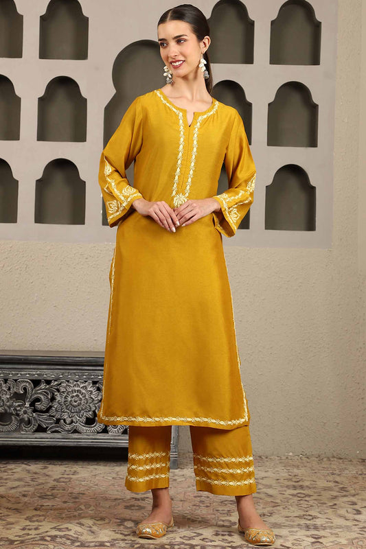 Jenika Yellow Chikankari Kurta Set with Butter Yellow Yoke – Notch Neck