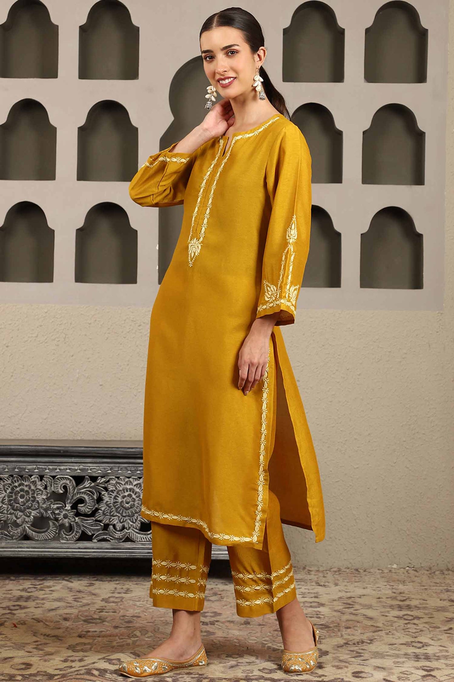 Jenika Yellow Chikankari Kurta Set with Butter Yellow Yoke – Notch Neck