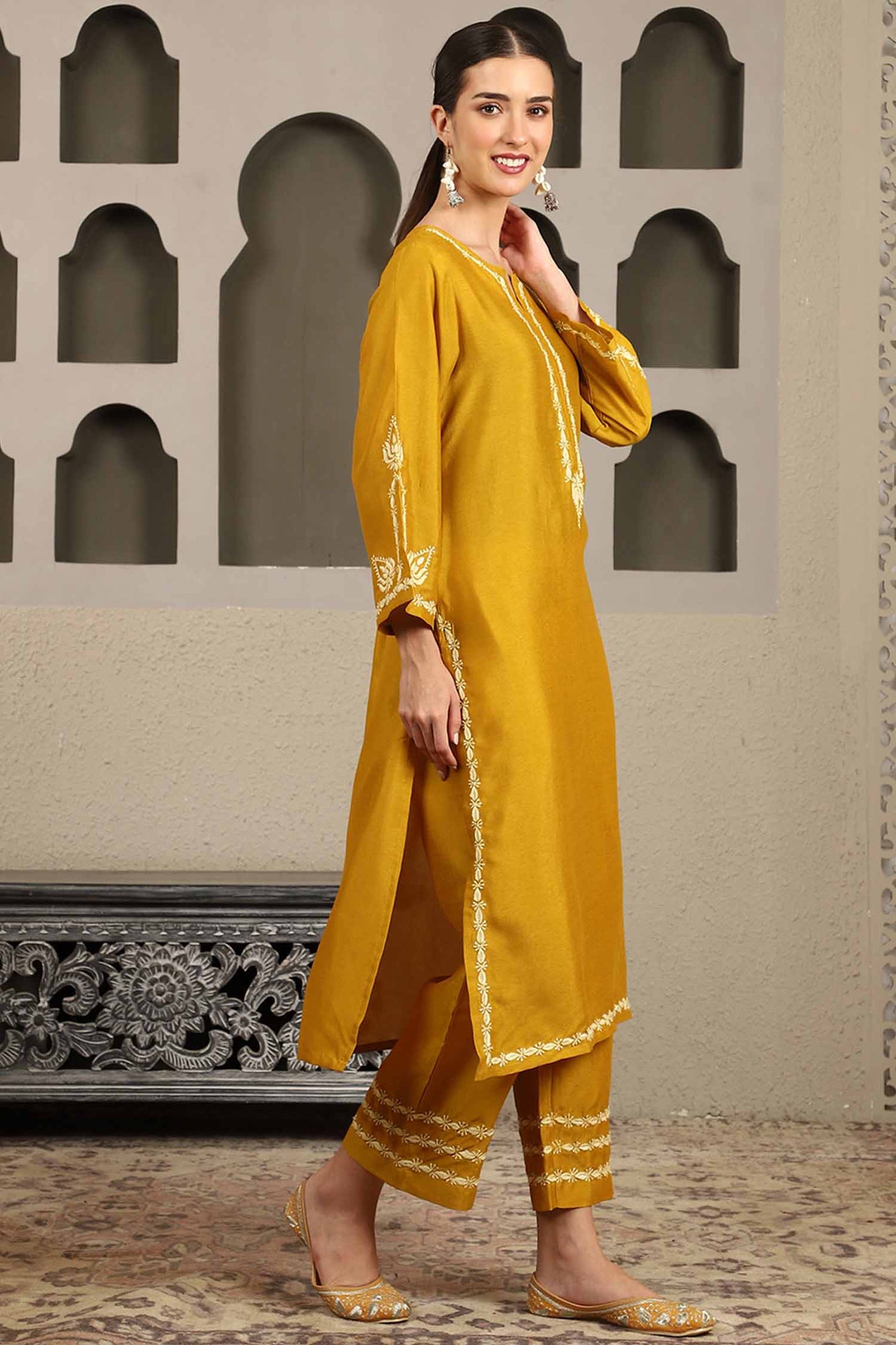 Jenika Yellow Chikankari Kurta Set with Butter Yellow Yoke – Notch Neck