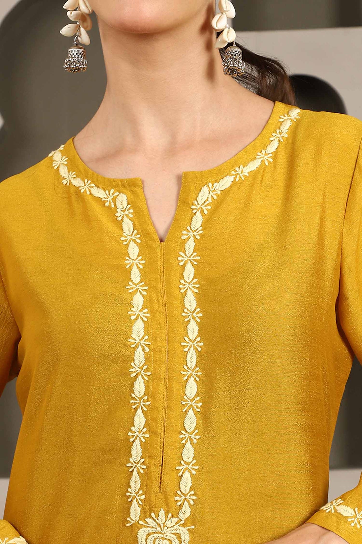 Jenika Yellow Chikankari Kurta Set with Butter Yellow Yoke – Notch Neck