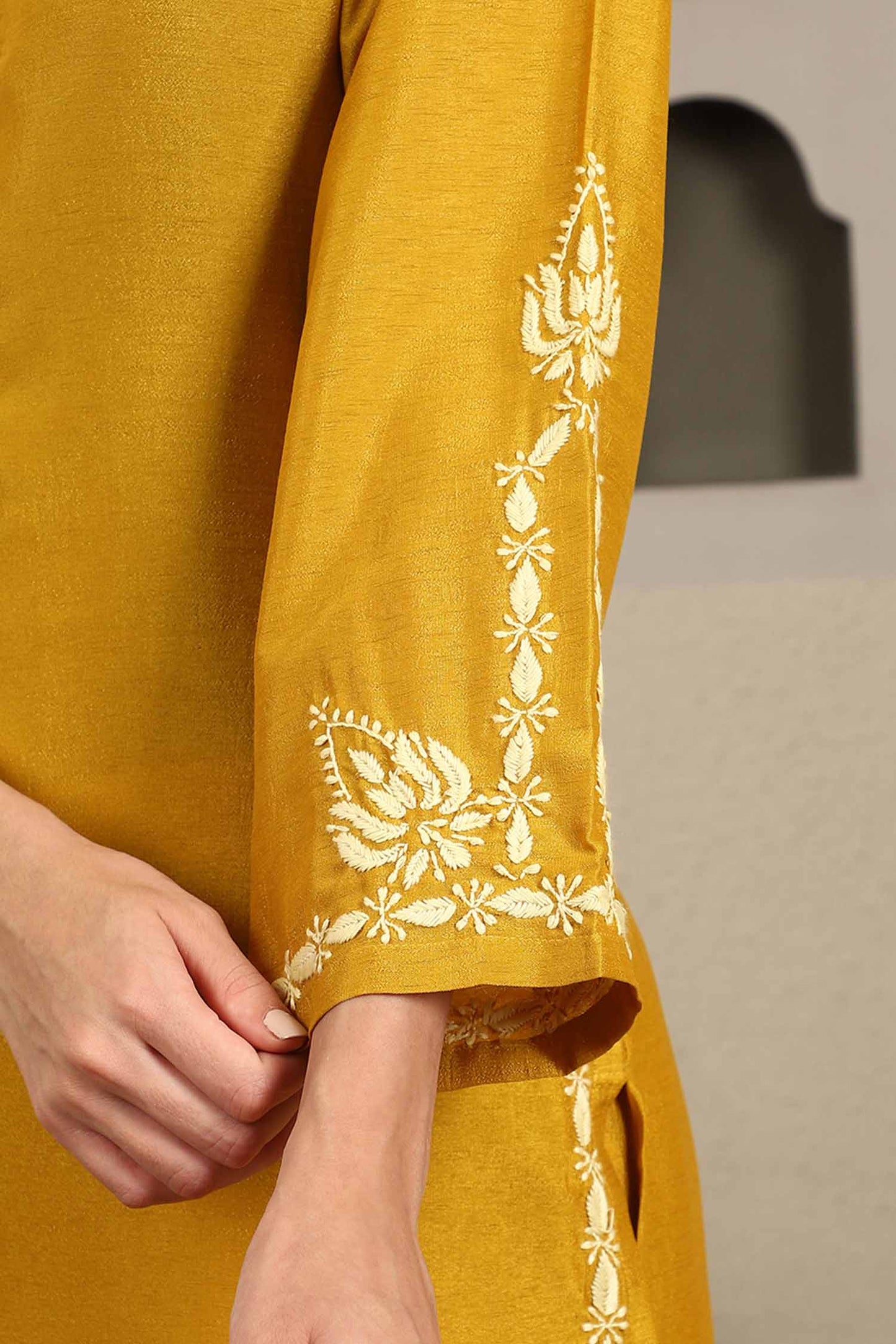 Jenika Yellow Chikankari Kurta Set with Butter Yellow Yoke – Notch Neck