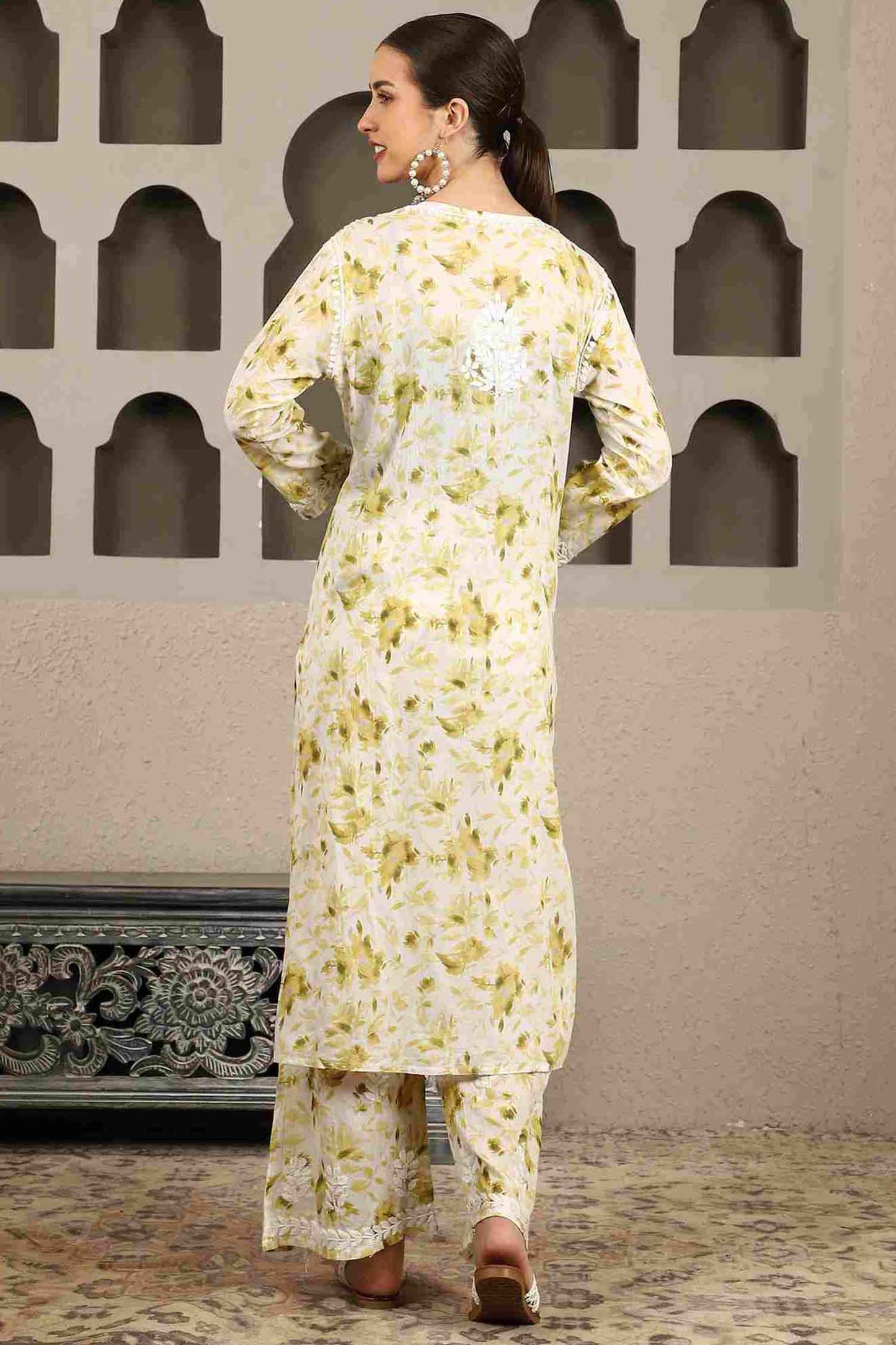 Falak Mulmul Chikankari Kurta Set with White Thread – Notch Neck