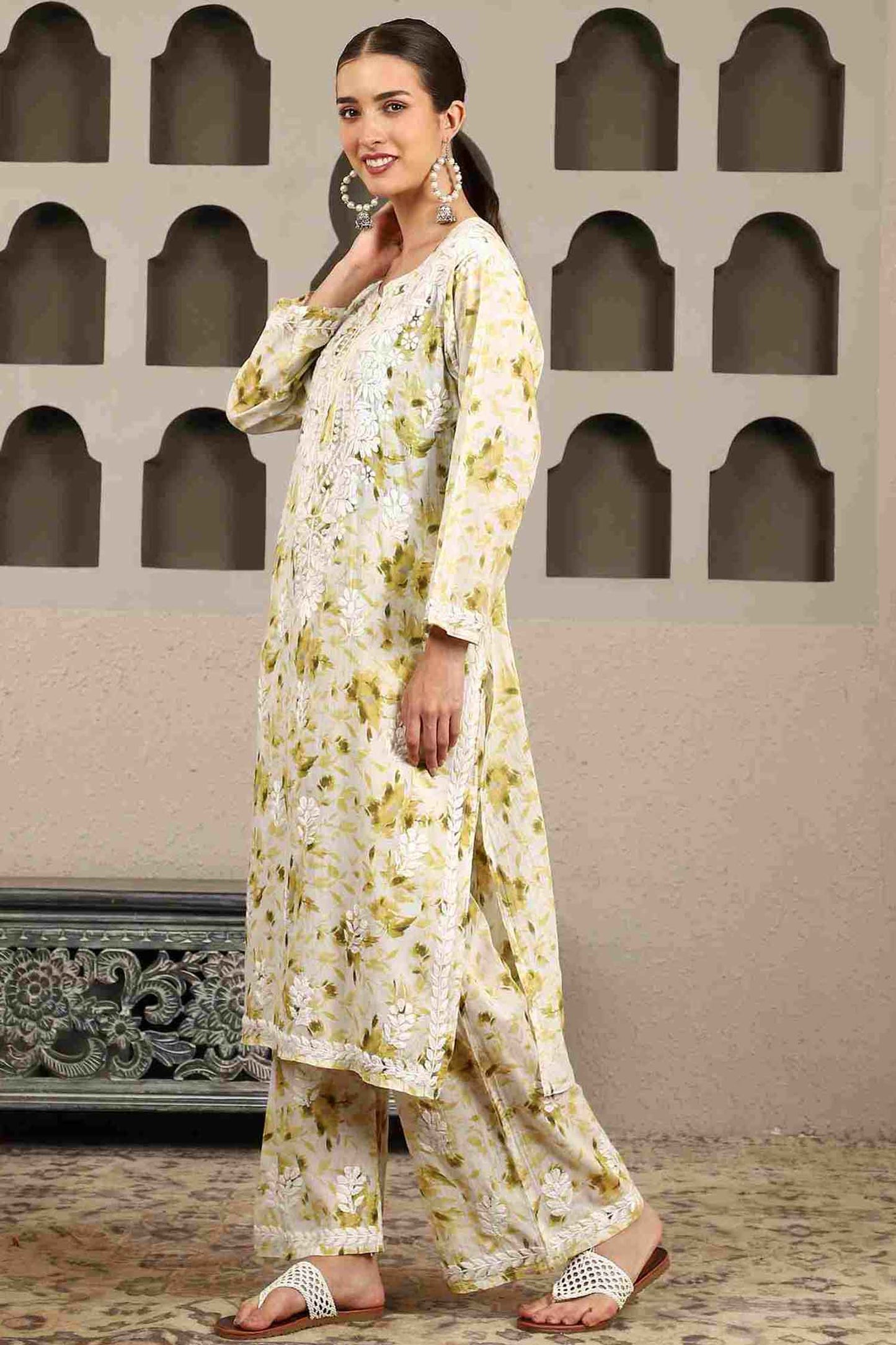 Falak Mulmul Chikankari Kurta Set with White Thread – Notch Neck